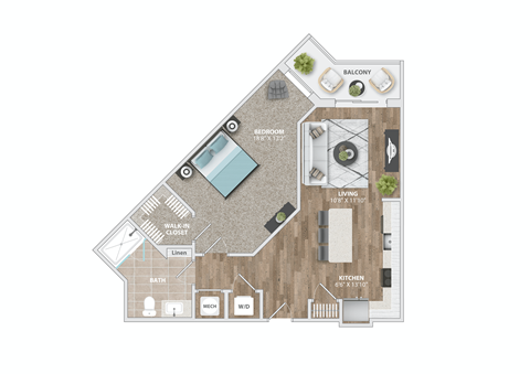 Floor plan for 1 bed, 1 bath, 799 sqft